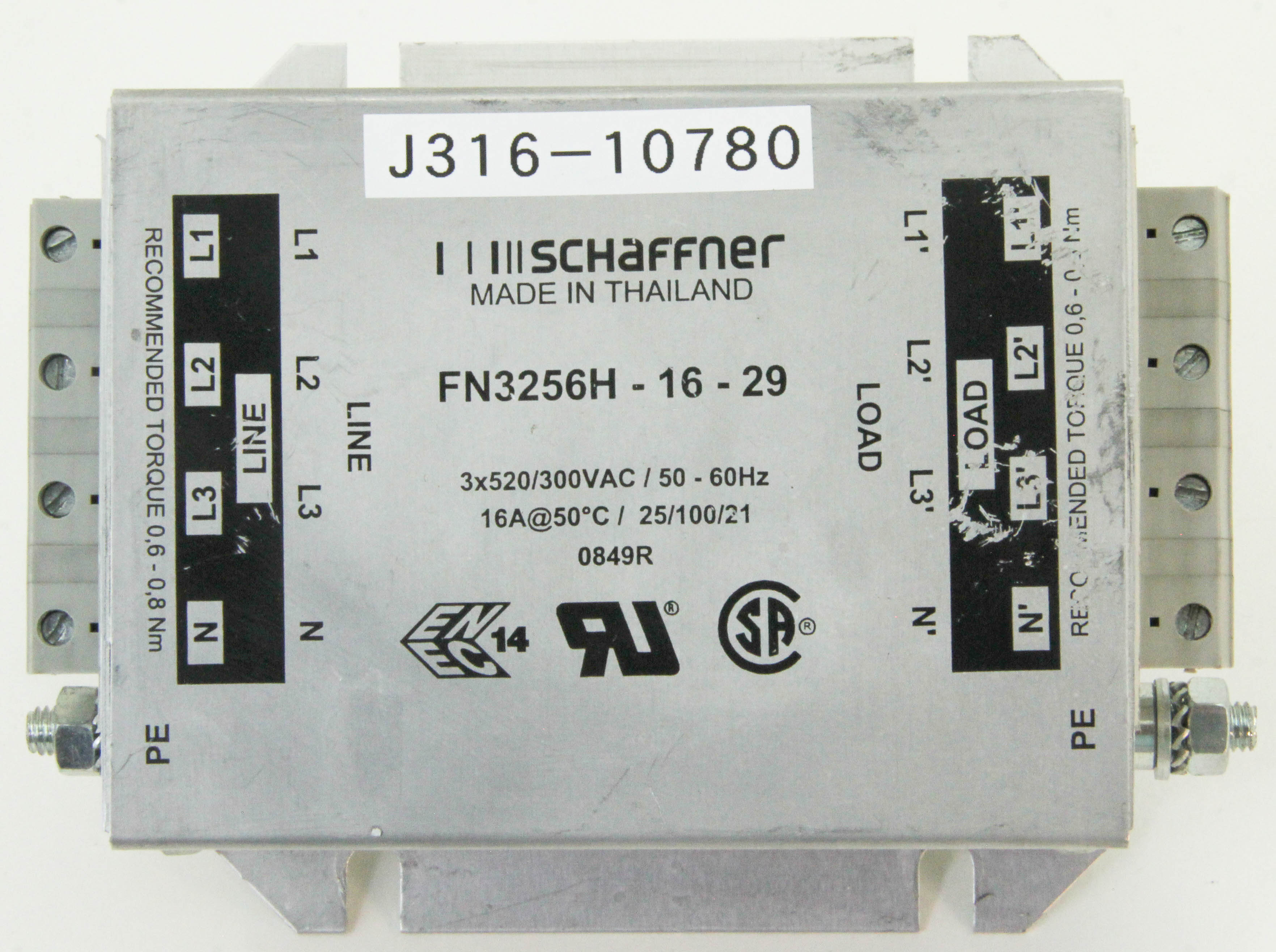 10780 SCHAFFNER LINE FILTER, 3X520/300VAC/50-60HZ, 16A FN3256H-16